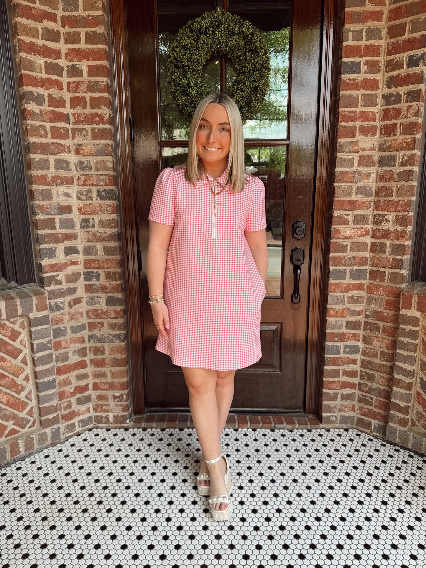 Pink Gingham Half Zip Mini Dress
