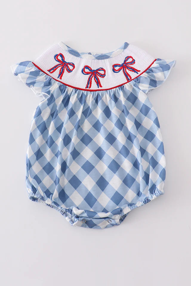 Girls Blue & Red Embroidered Bow Smocked Bubble