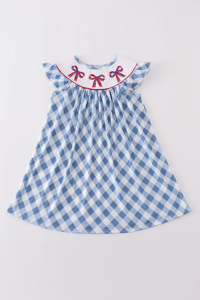 Girls Blue & Red Embroidered Bow Gingham Dress