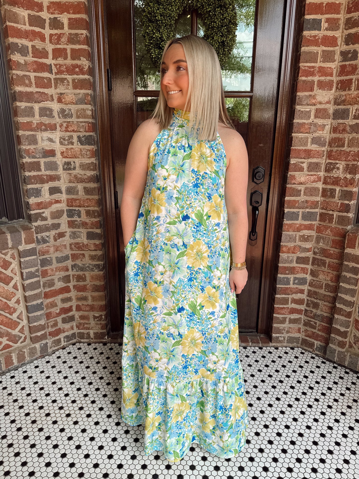 Oceanside Floral Halter Mock Neck Maxi Dress