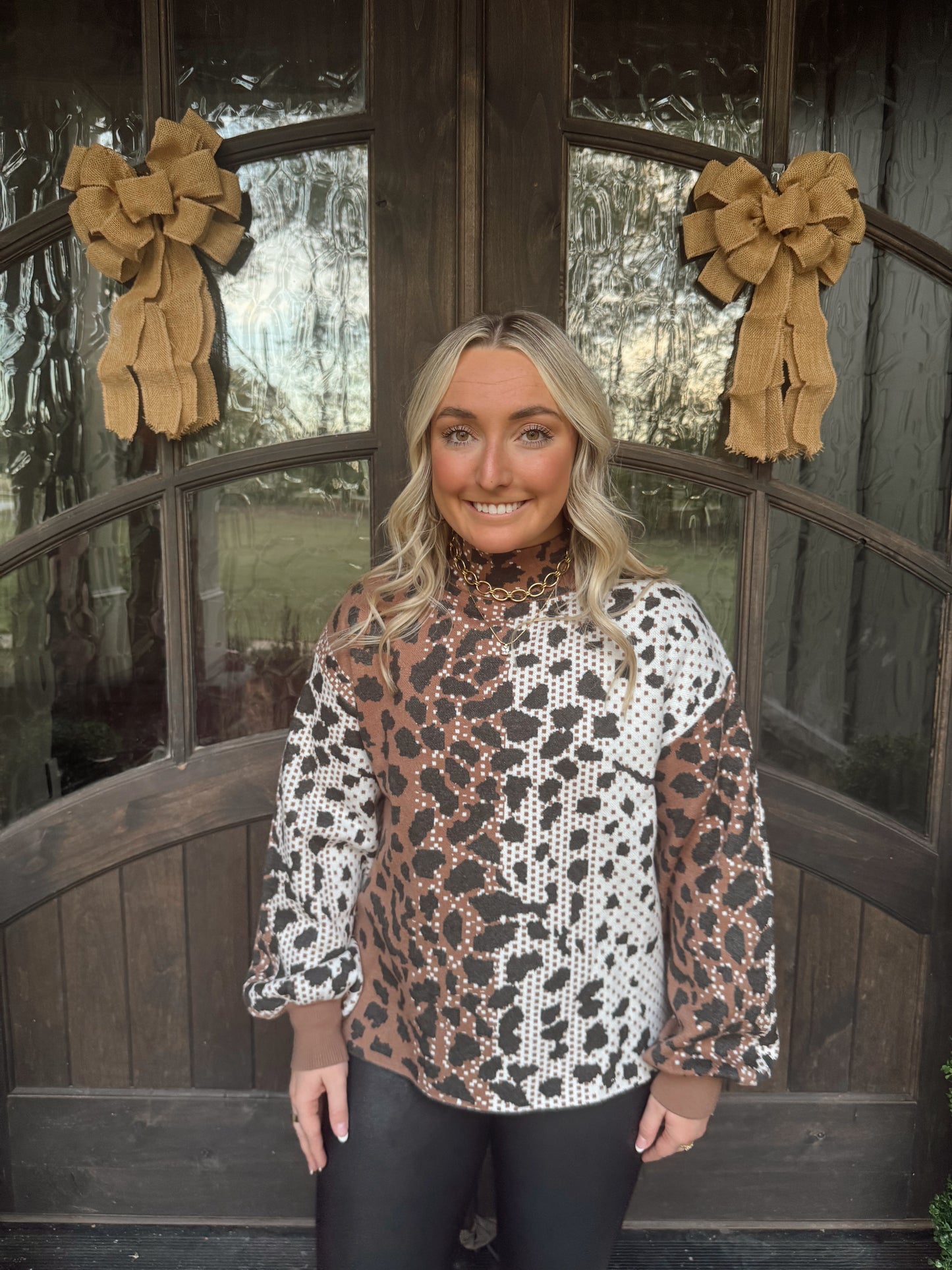 Animal Print Jacquard Mock Neck Sweater