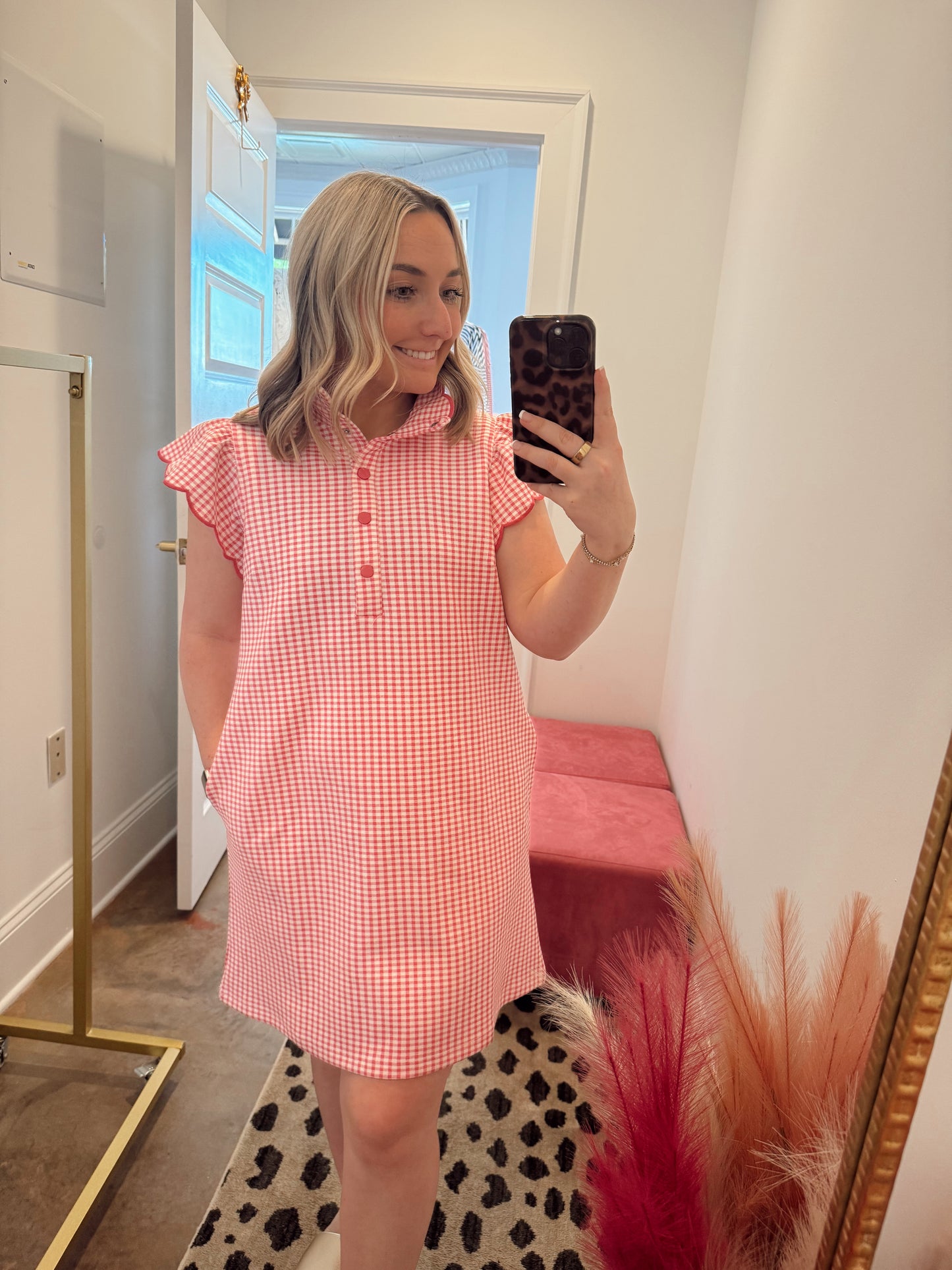 Pink Gingham Scallop Sleeve Mini Dress
