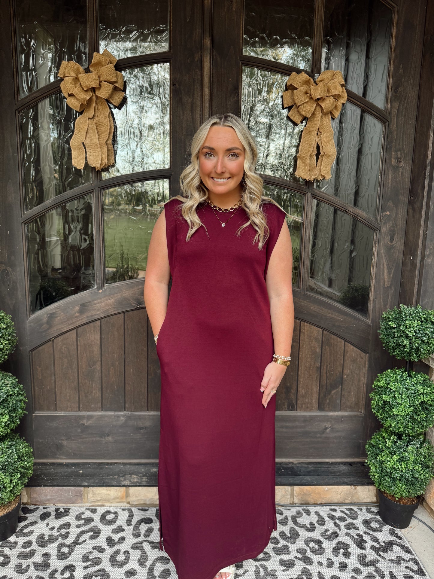 Wine Jersey Knit Midi Dress