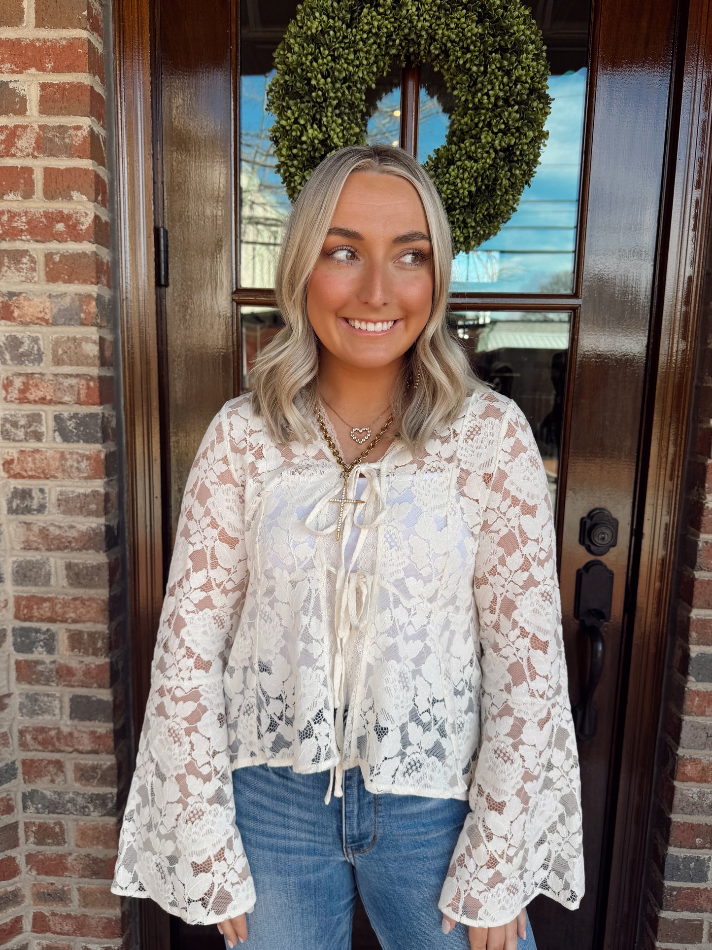 Floral Lace Trumpet Sleeve Blouse