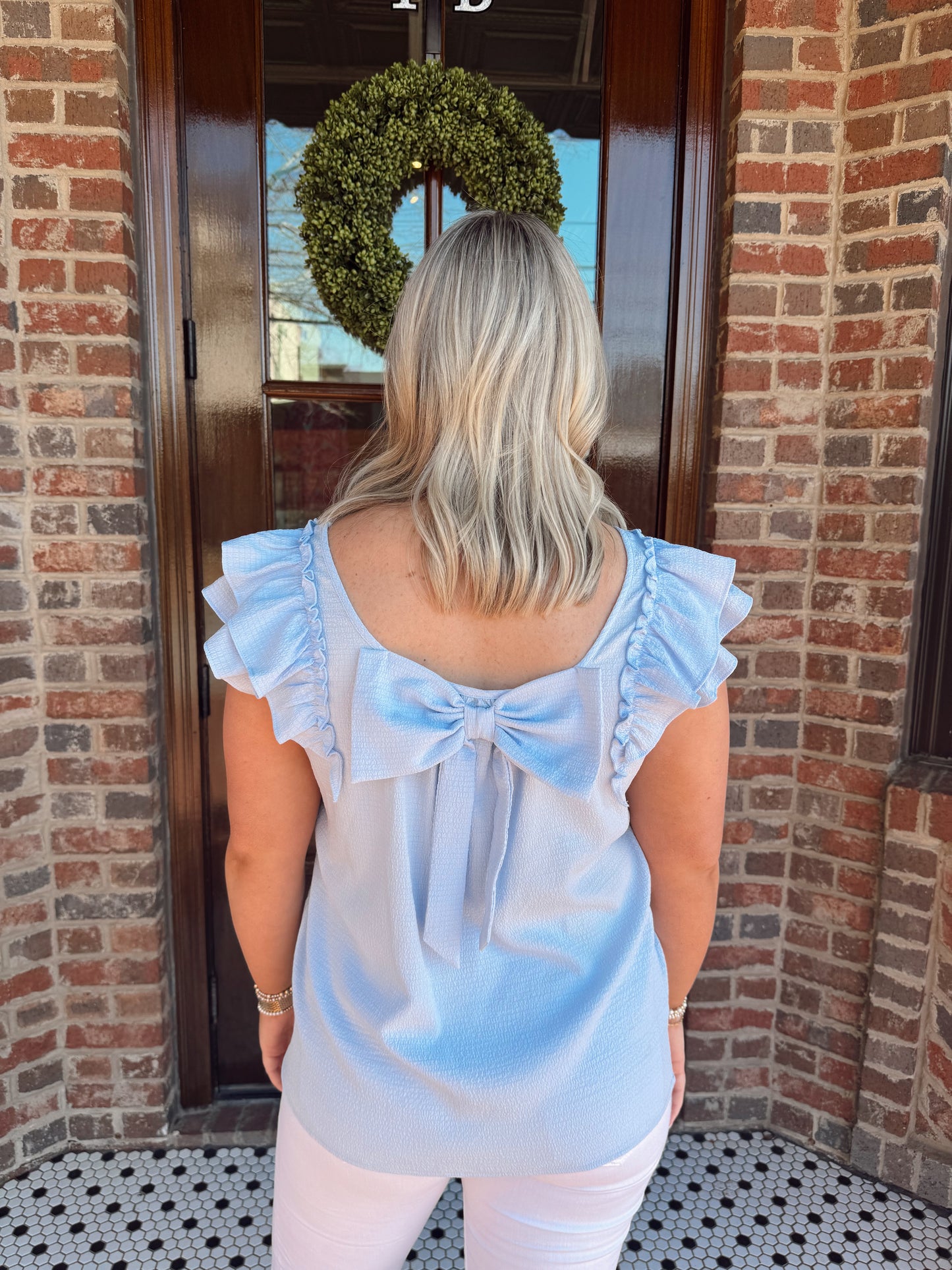 Sky Blue Bow Back Flutter Sleeve Top