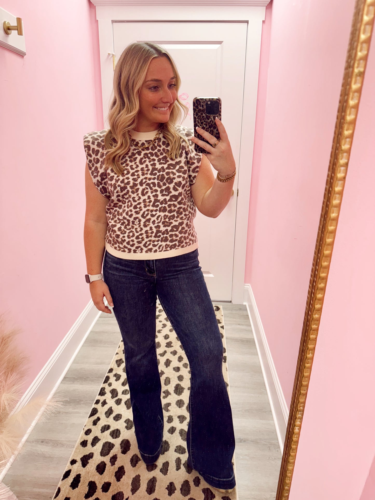 Ecru Leopard Cap Sleeve Sweater Top