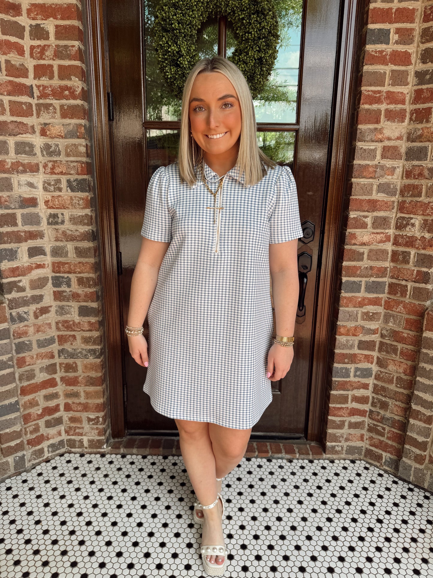 Blue Gingham Half Zip Mini Dress