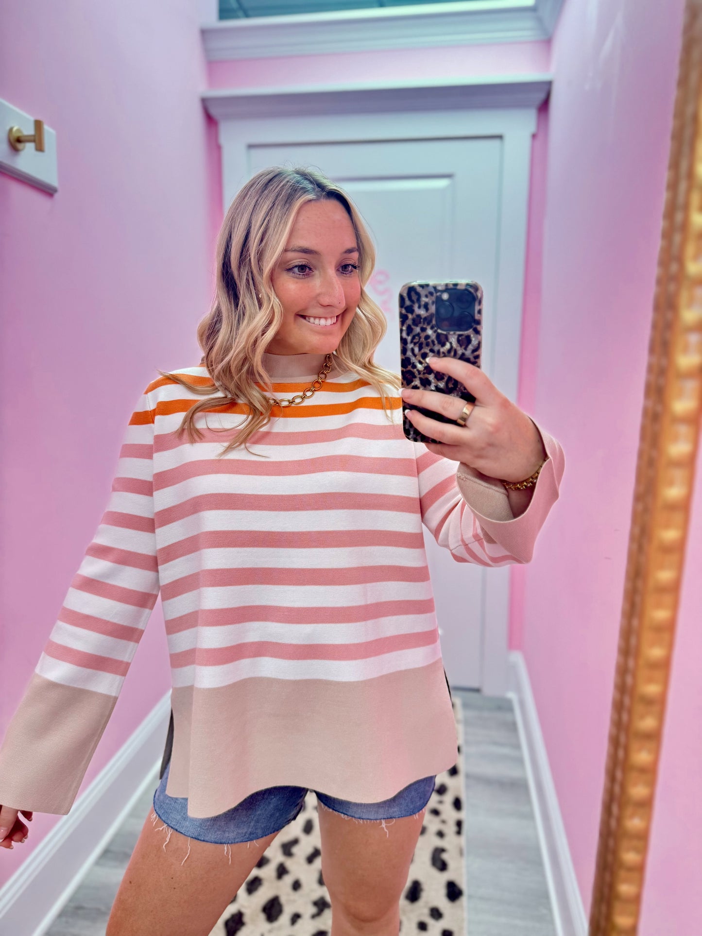 Striped Mock Neck Bell Sleeve Sweater