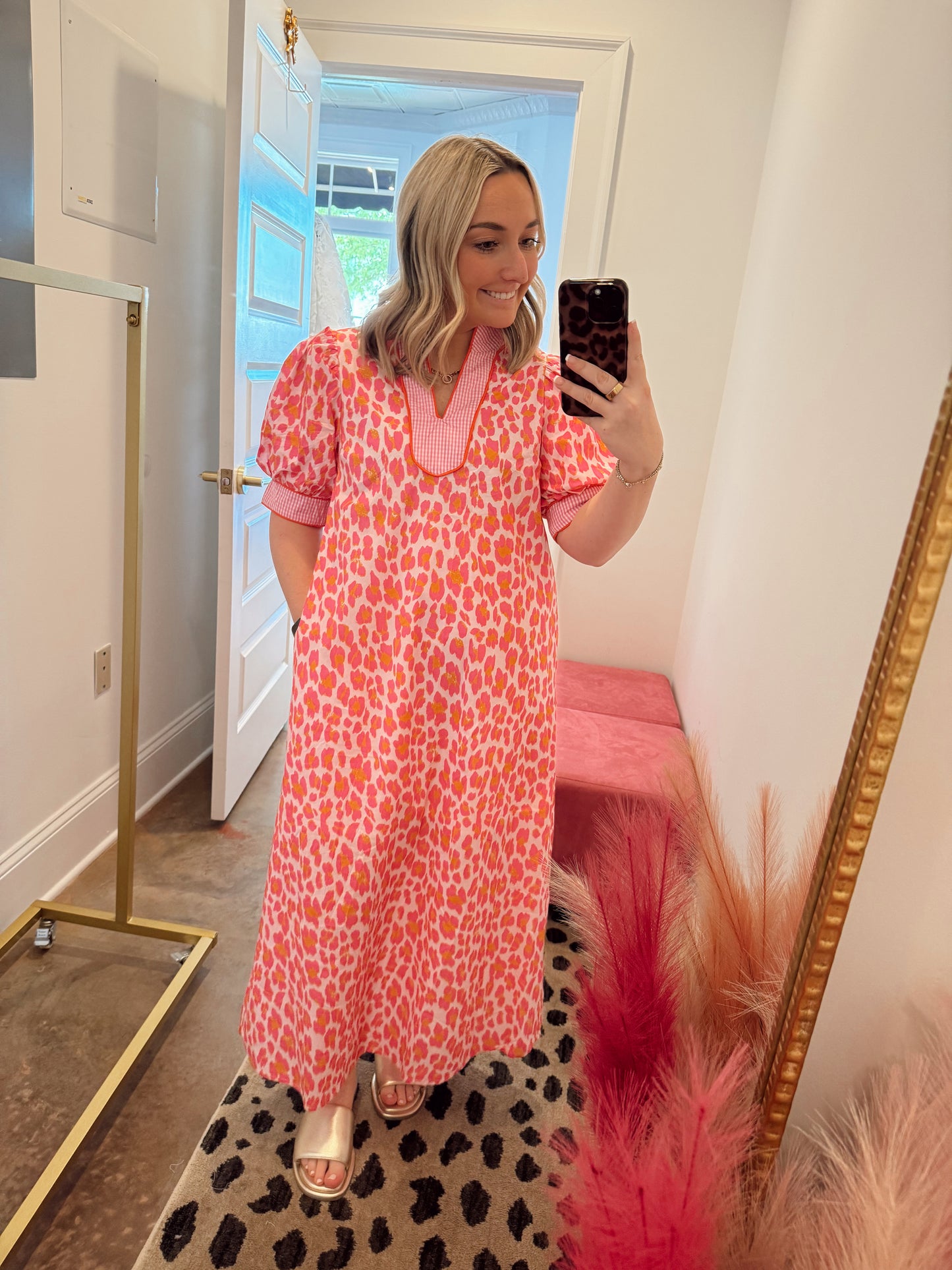 Pink & Orange Leopard and Gingham Puff Sleeve Maxi Dress