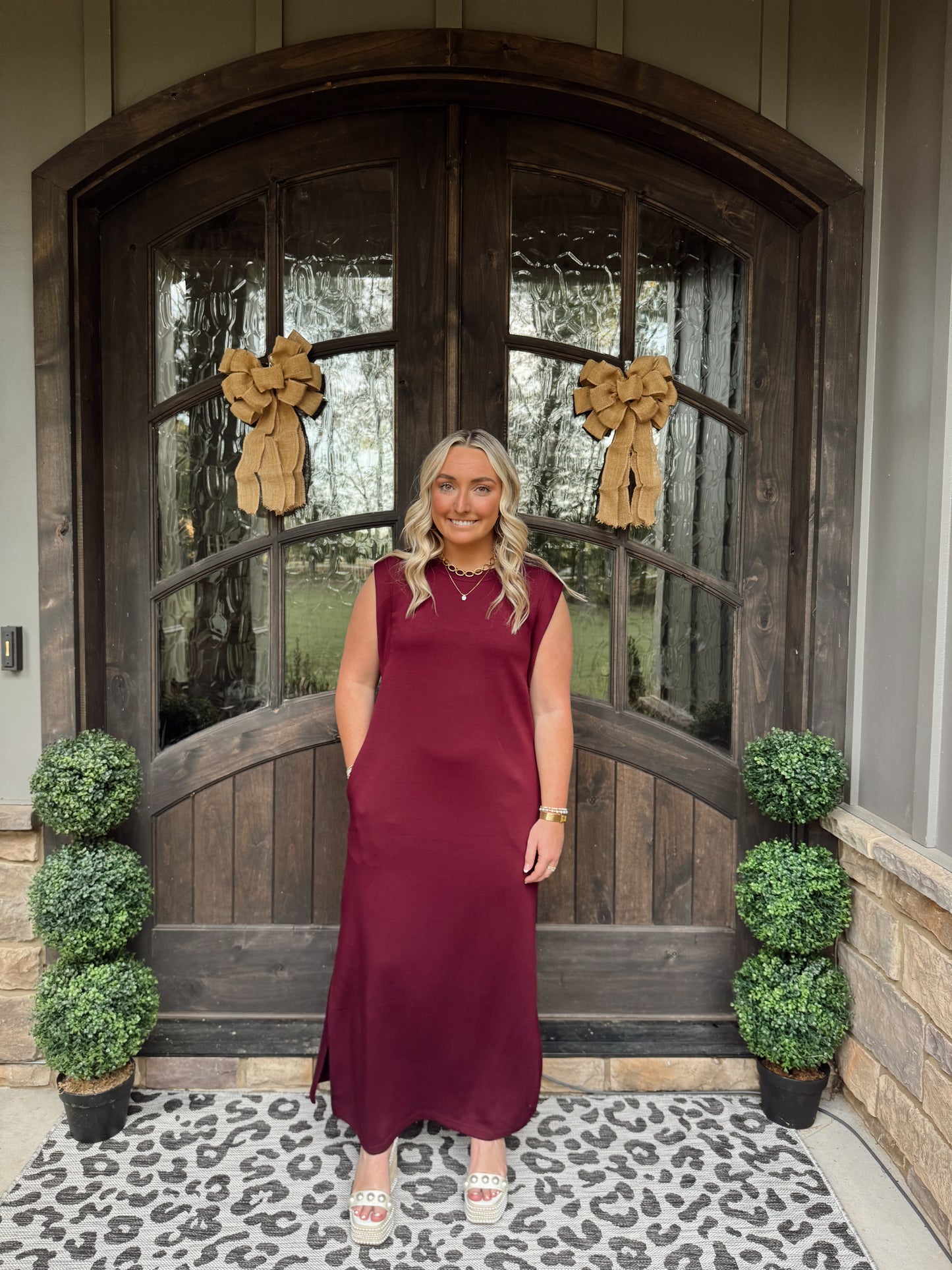Wine Jersey Knit Midi Dress
