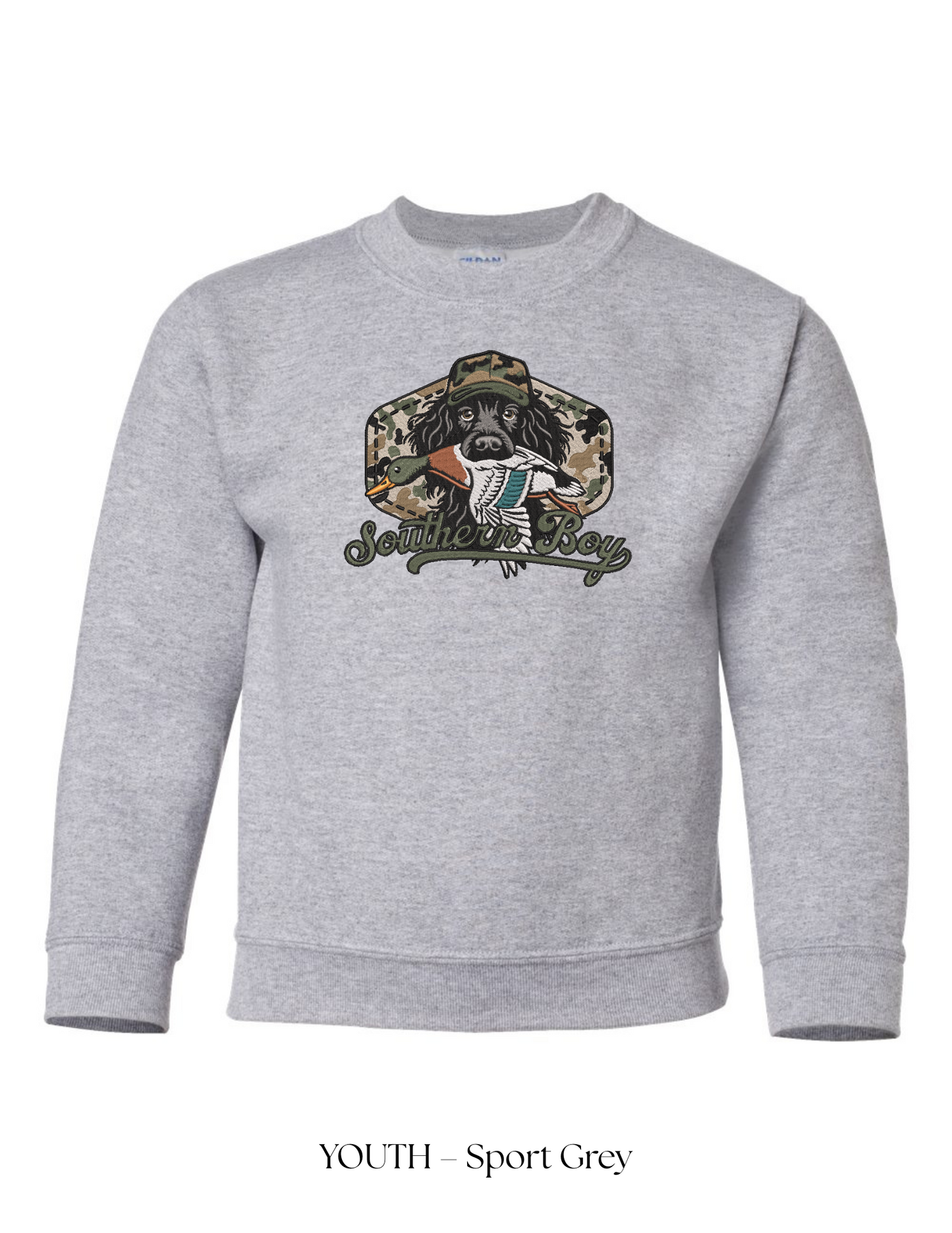 *CUSTOM* (Youth) Dog & Mallard Southern Boy Embroidered Crewneck