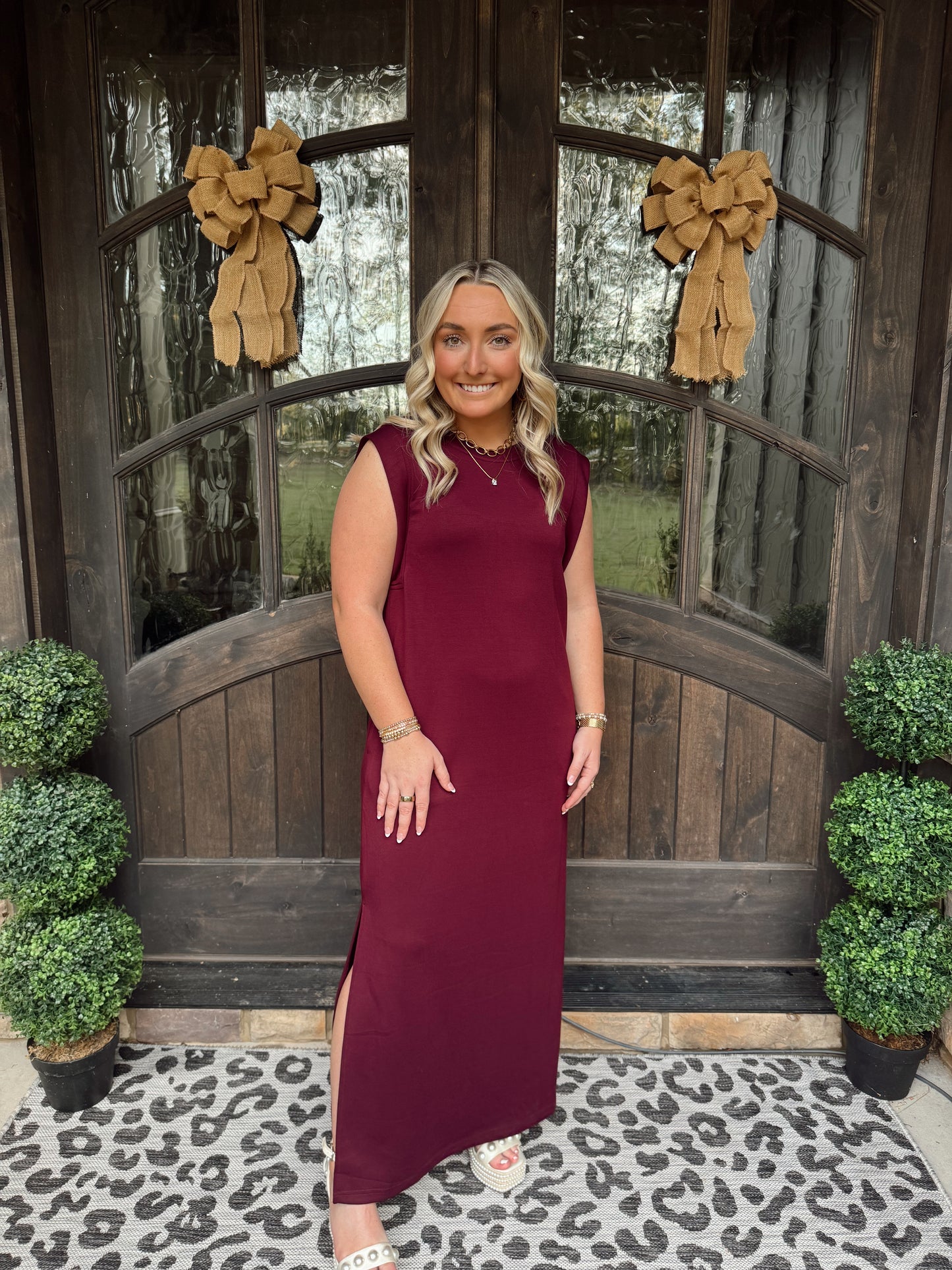 Wine Jersey Knit Midi Dress