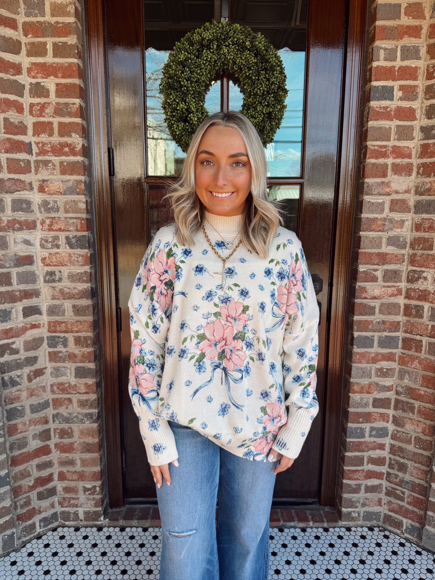 Floral Print Mock Neck Sweater