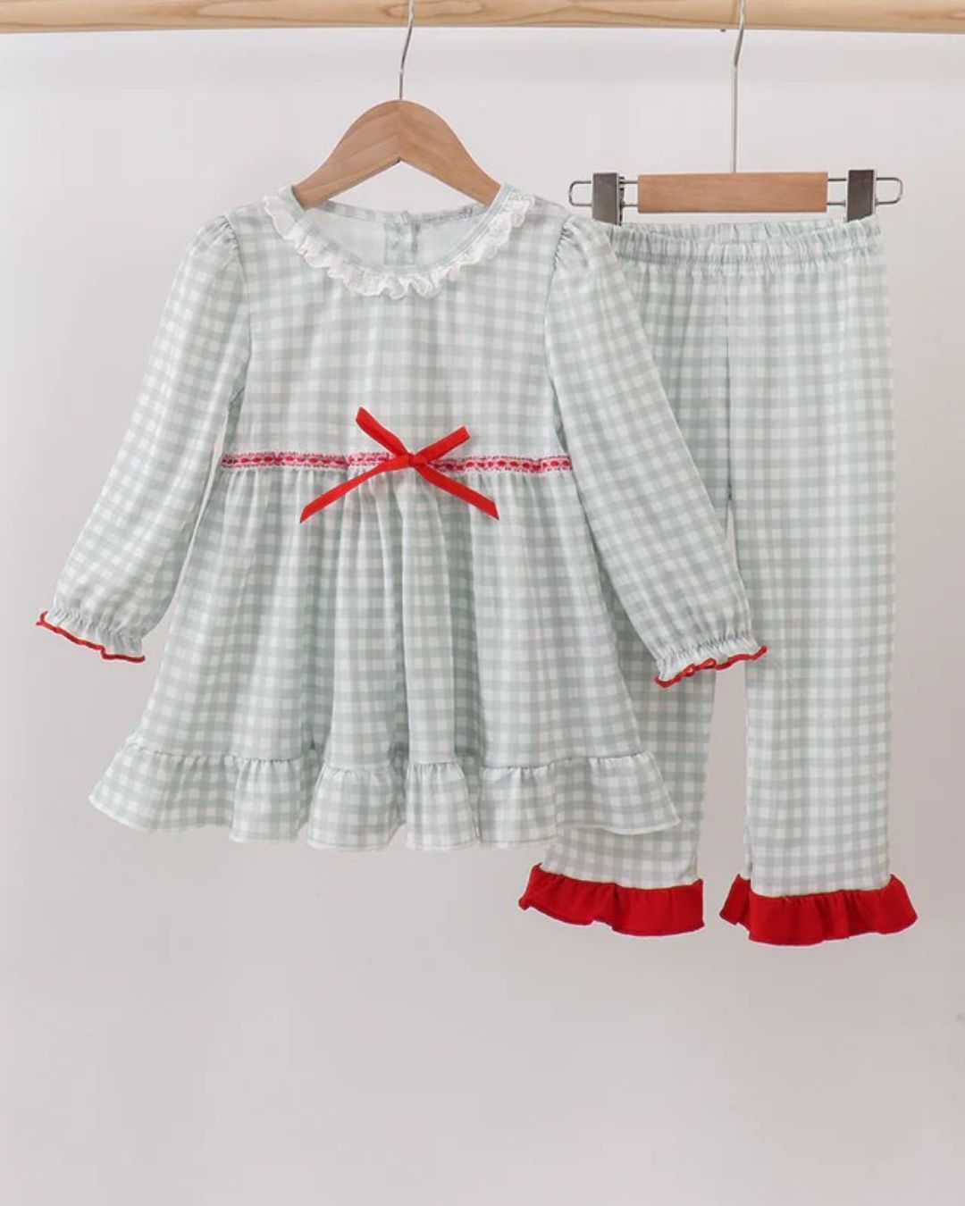Sage Green Gingham Ribbon Bow Ruffle Pants Set