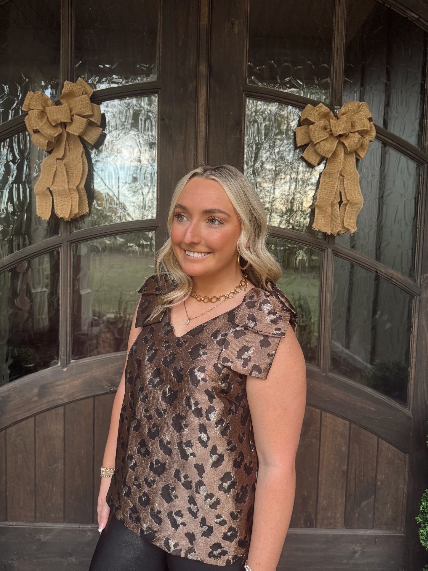 Leopard Print Sleeveless Bow Shoulder Top