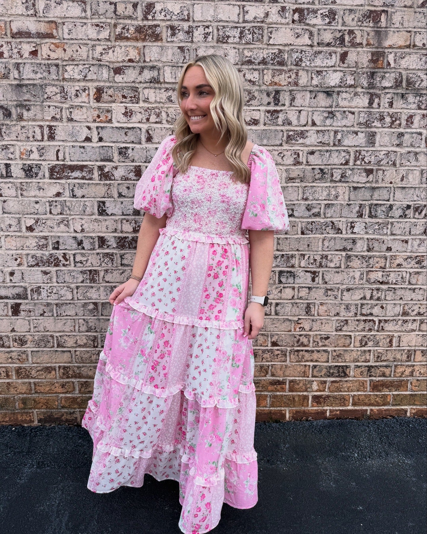 Pink Floral Patchwork Bubble Sleeve Maxi Dress