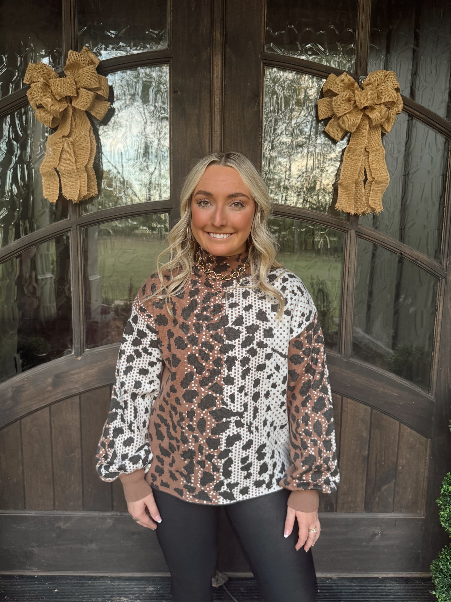 Animal Print Jacquard Mock Neck Sweater