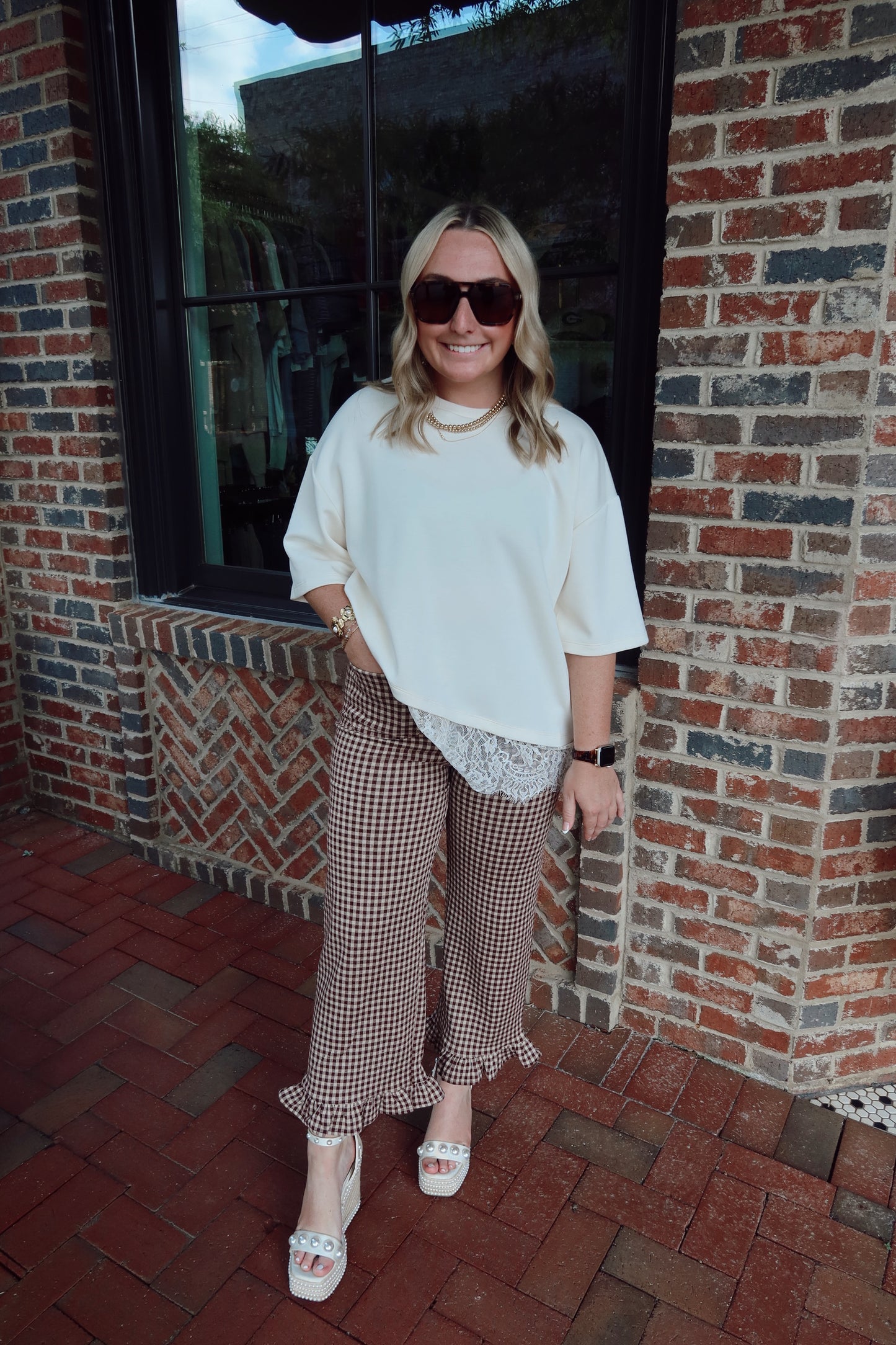 Brown Gingham Ruffle Trousers