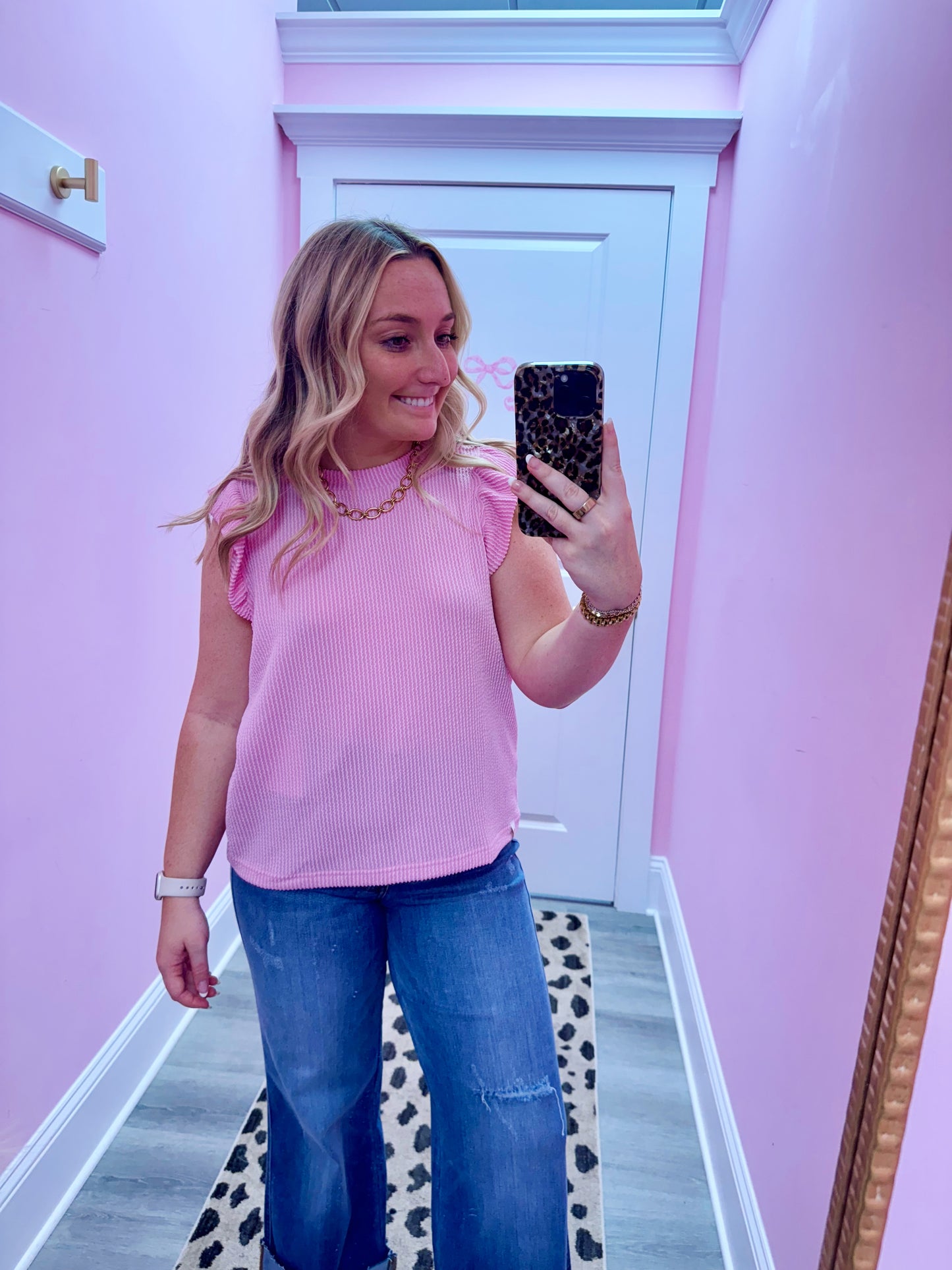 Pink Ribbed Flutter Sleeve Top