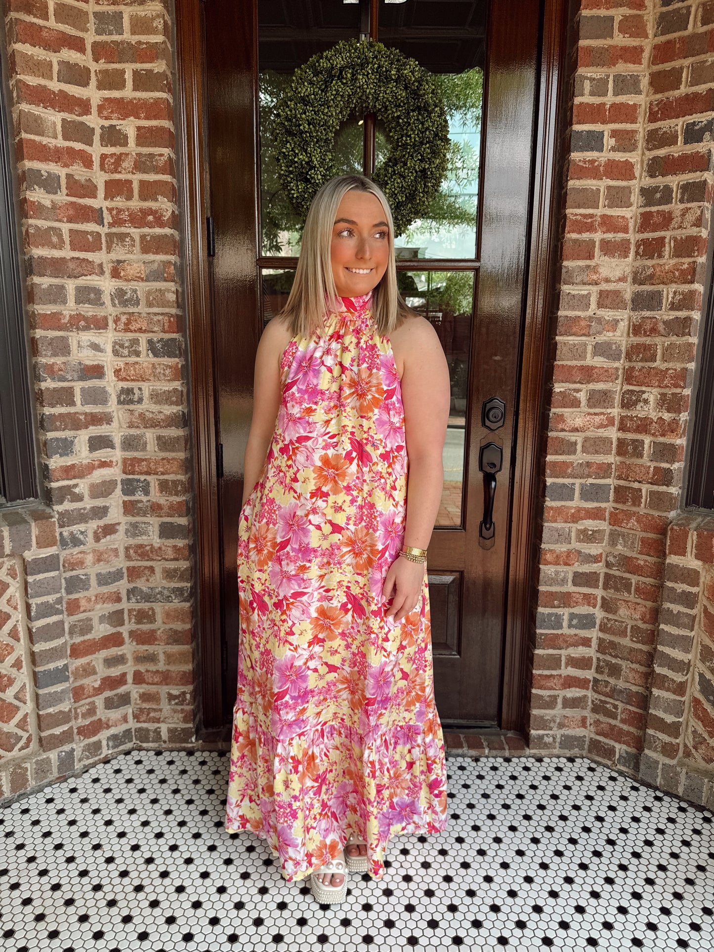 Sunset Floral Halter Mock Neck Maxi Dress
