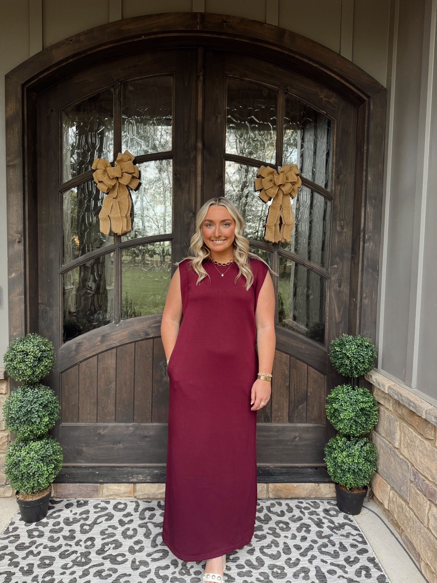 Wine Jersey Knit Midi Dress