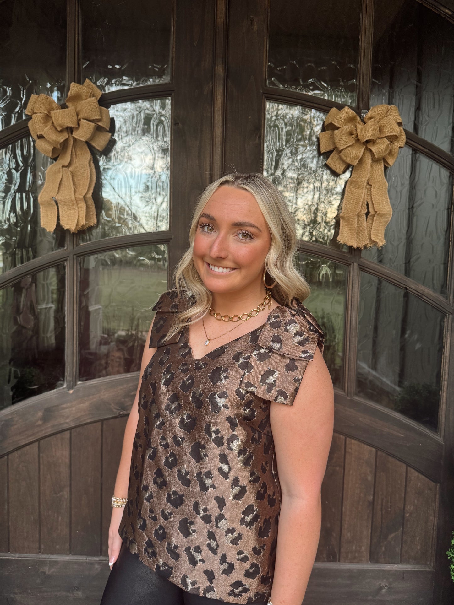 Leopard Print Sleeveless Bow Shoulder Top