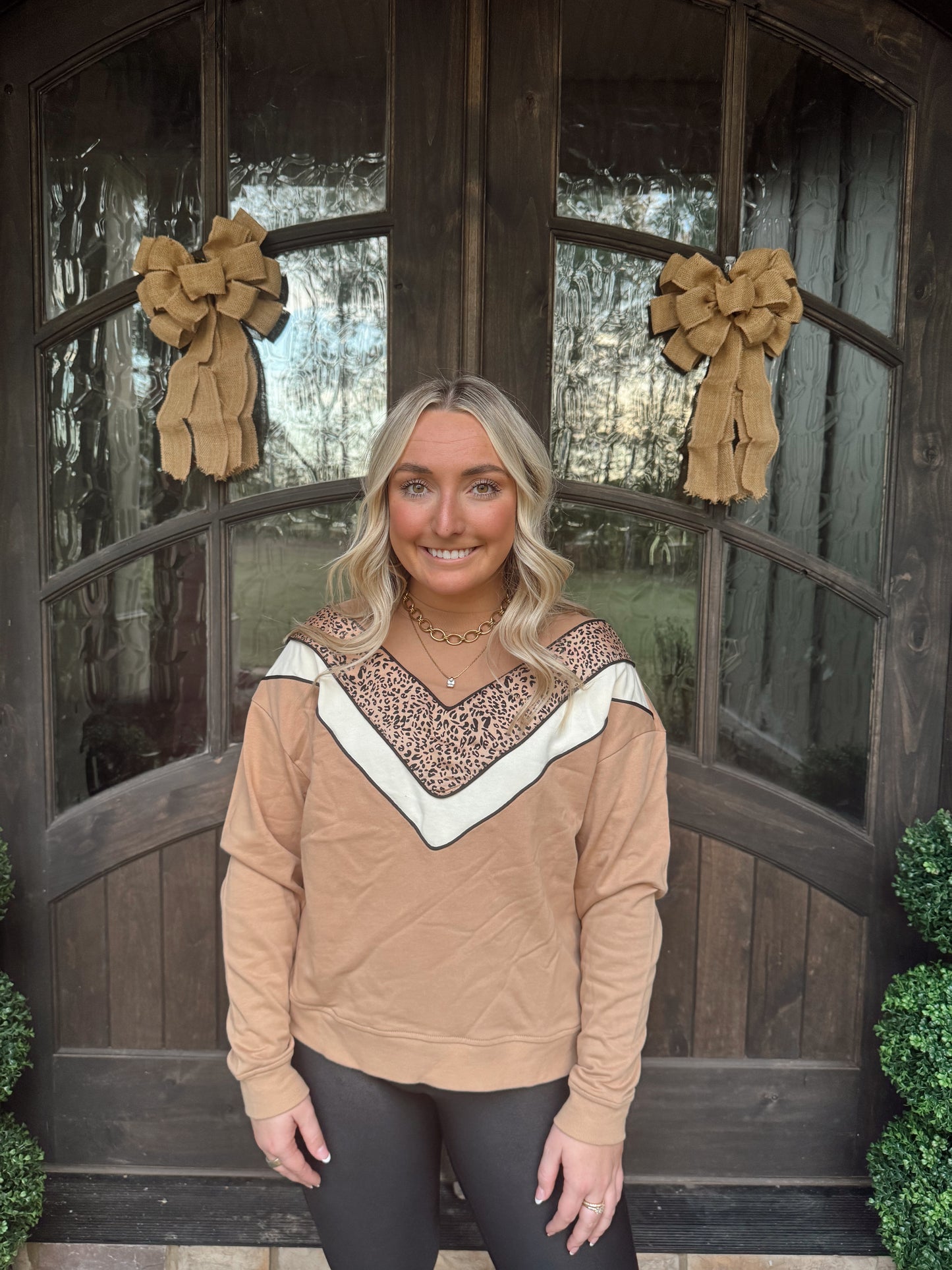 Camel Leopard V-Striped Sweatshirt