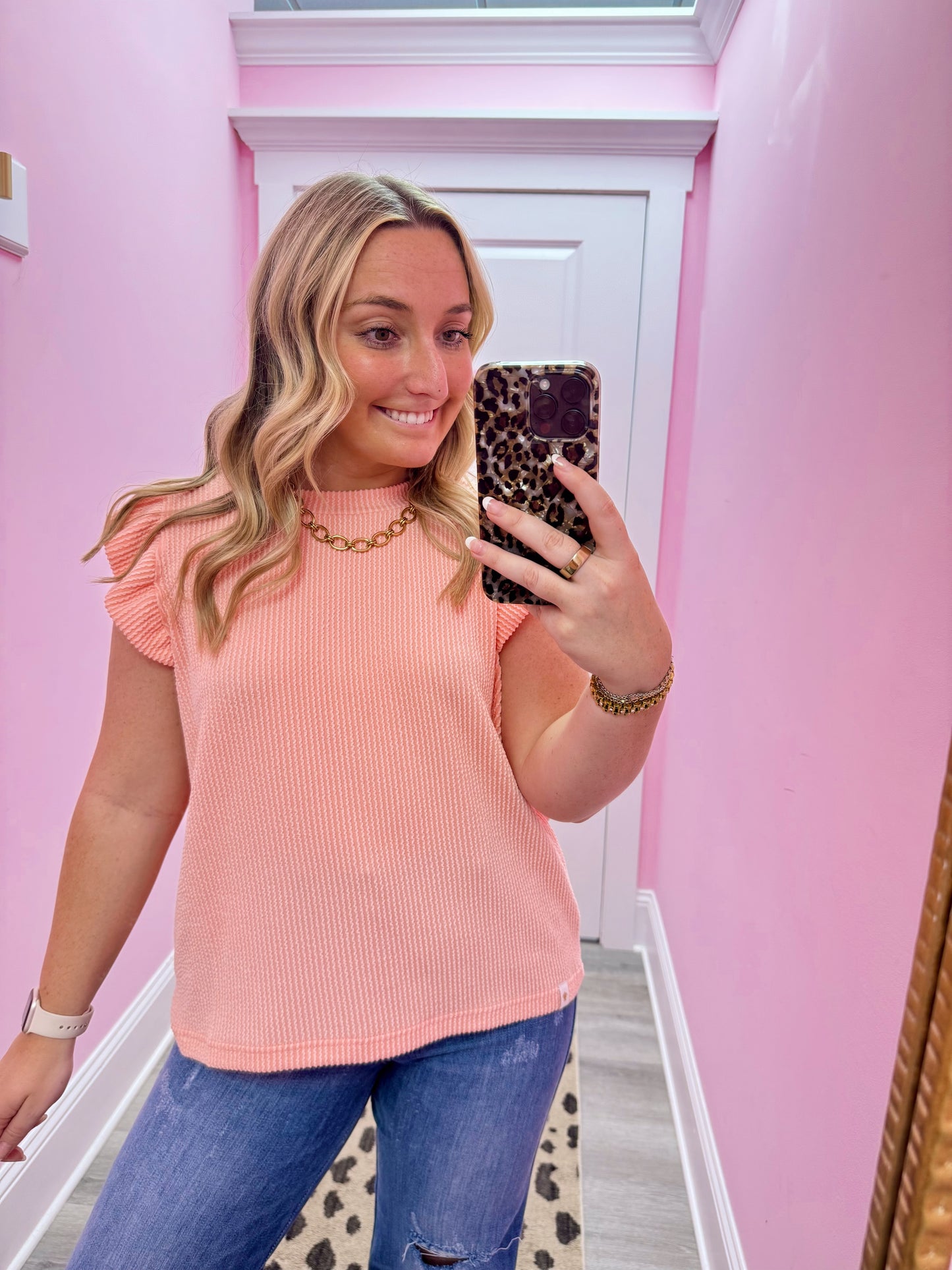 Coral Ribbed Flutter Sleeve Top