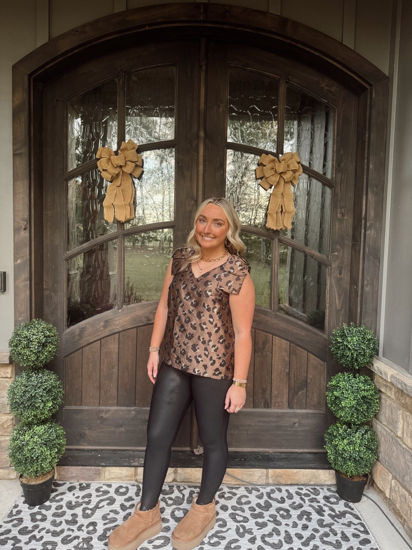Leopard Print Sleeveless Bow Shoulder Top