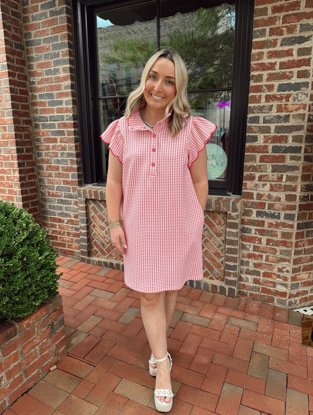 Pink Gingham Scallop Sleeve Mini Dress