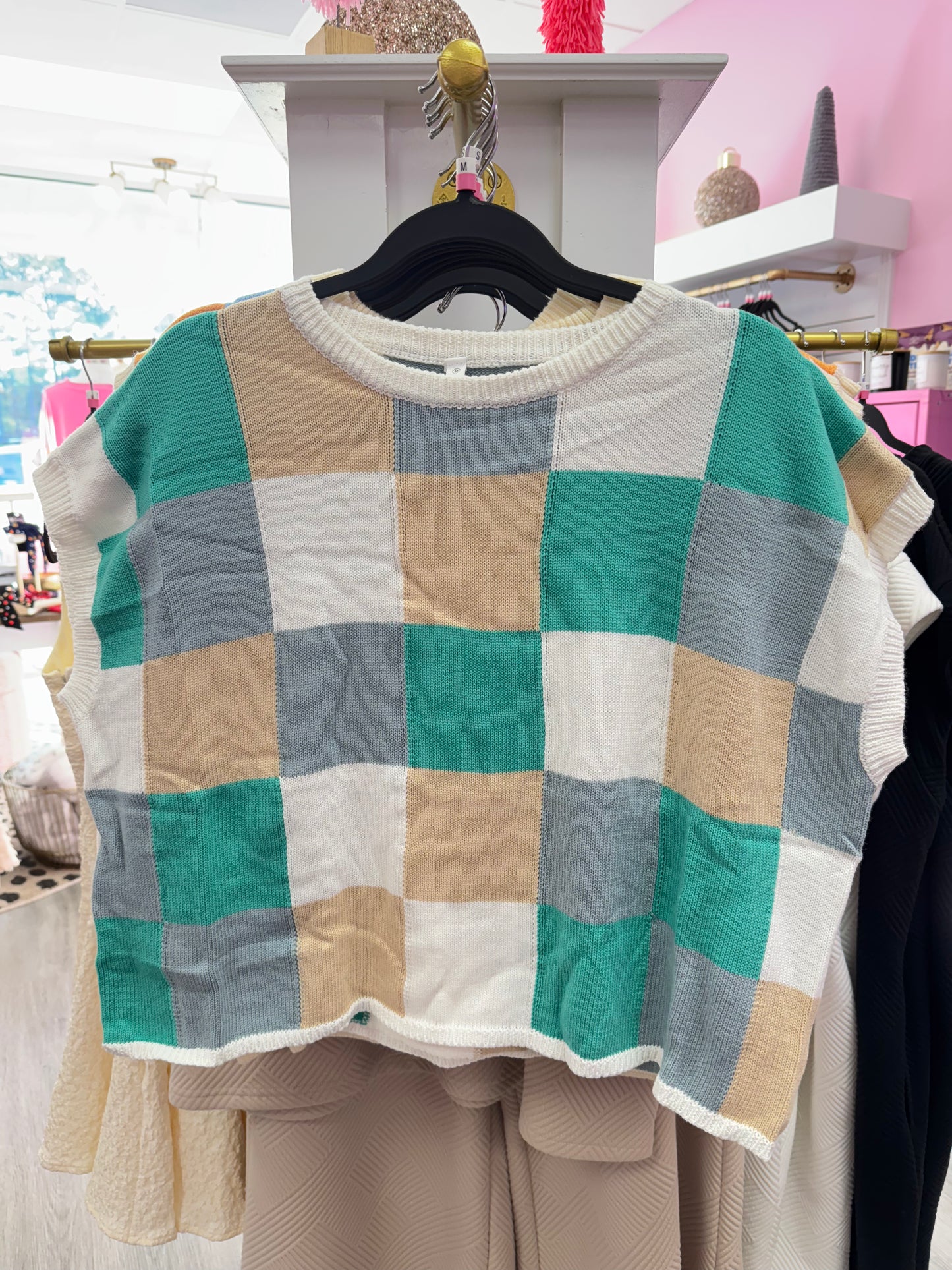 Cream & Emerald Checkered Sweater Top