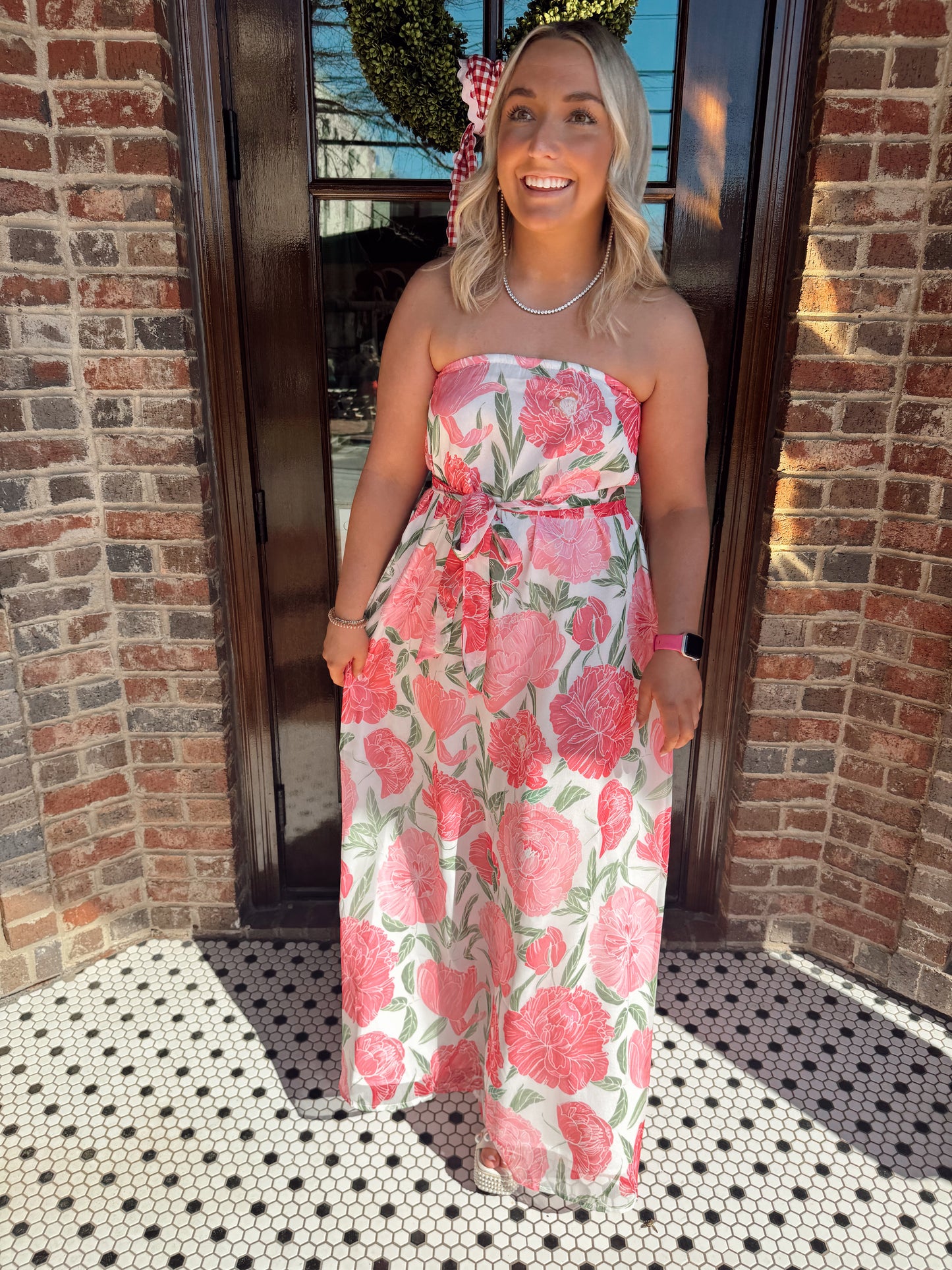 Strapless Pink Floral Maxi Dress (Convertible Scarf)