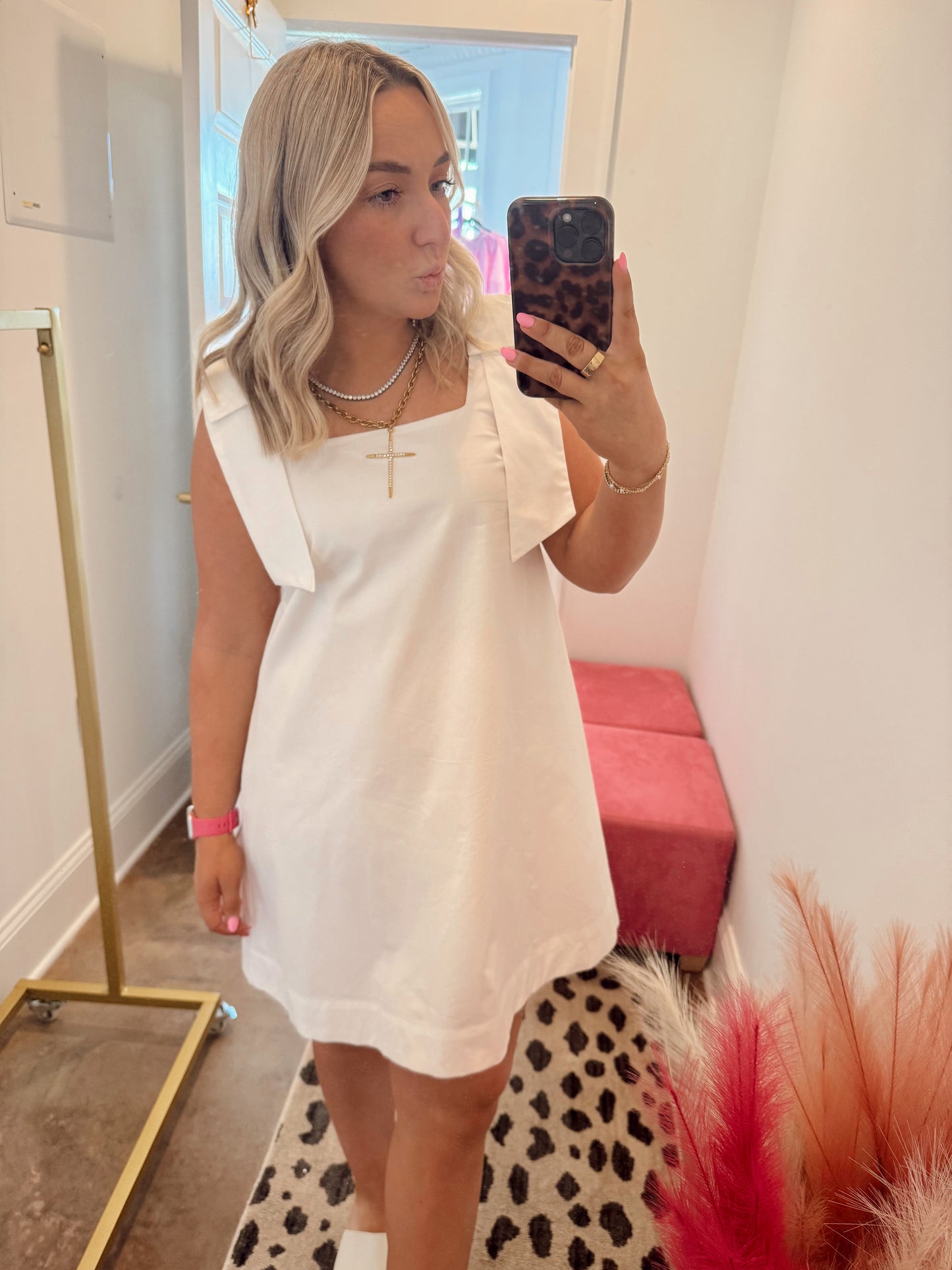 White Bow Shoulder Mini Dress