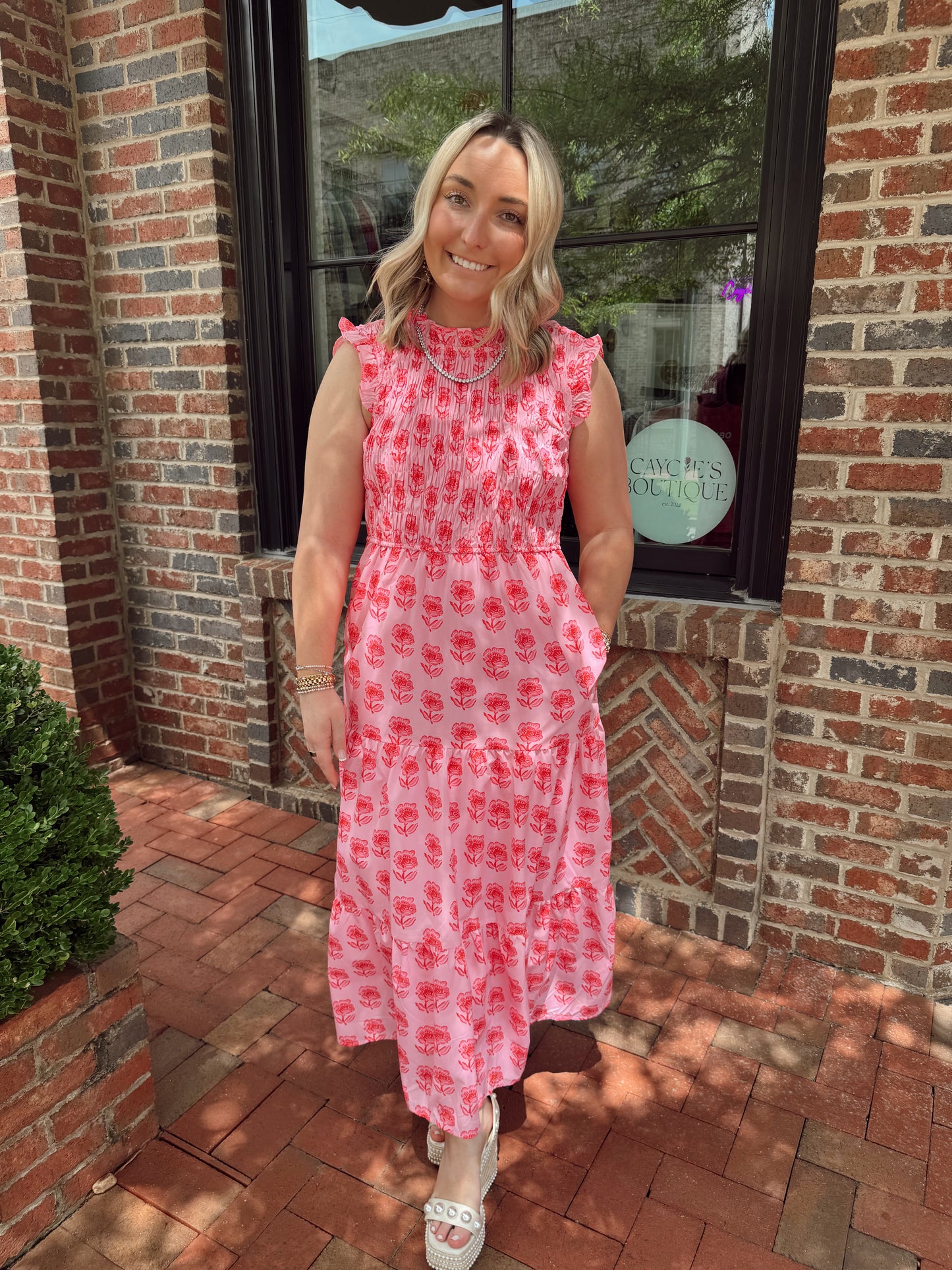 Red & Pink Floral Smocked Maxi Dress