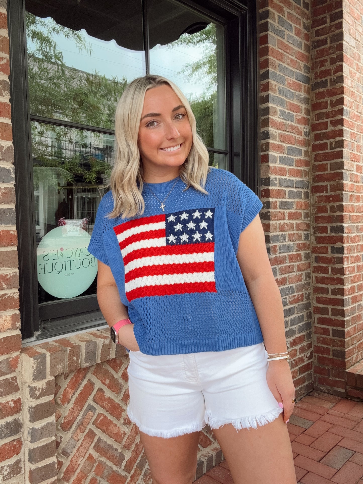 American Flag Open Knit Sweater Top