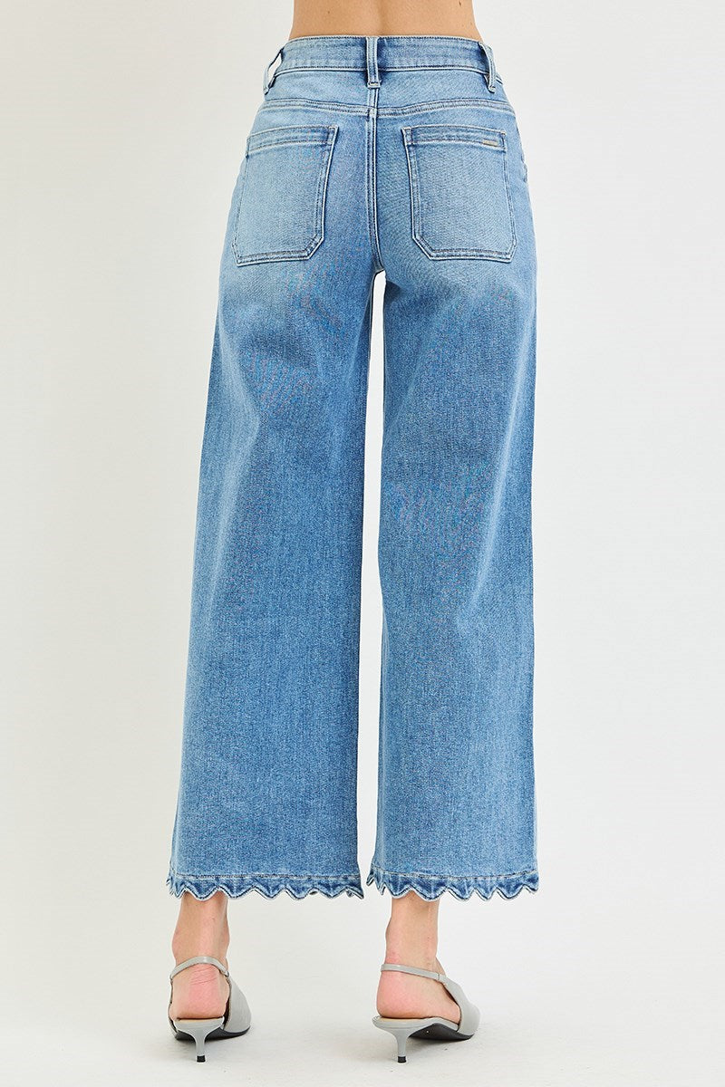 HR Crop Wide Leg Scalloped Patch Pocket Jeans | Medium Wash