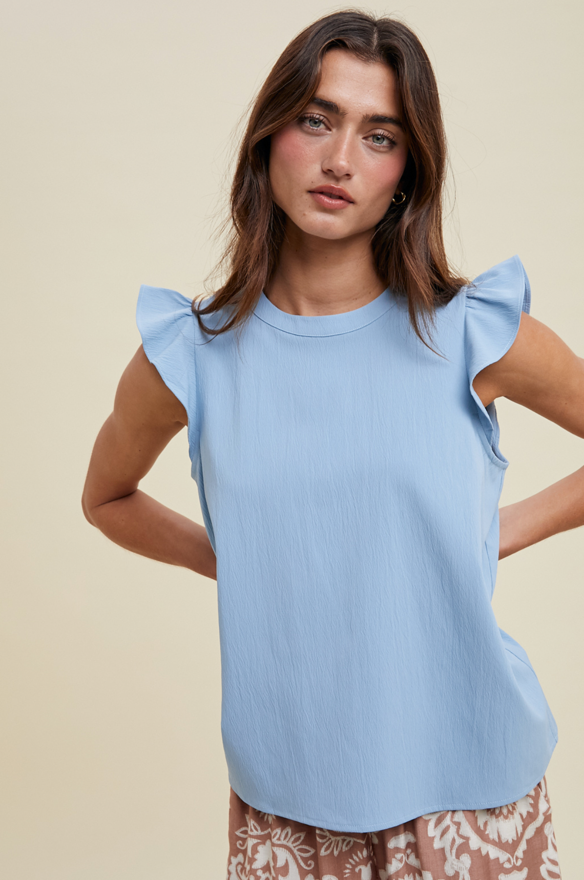 Blue Satin Ruffle Sleeve Top