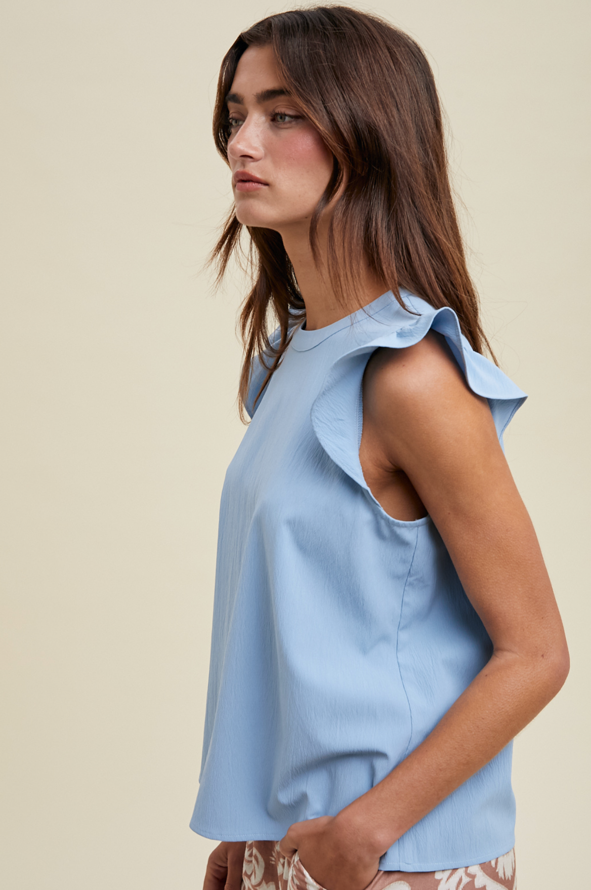 Blue Satin Ruffle Sleeve Top