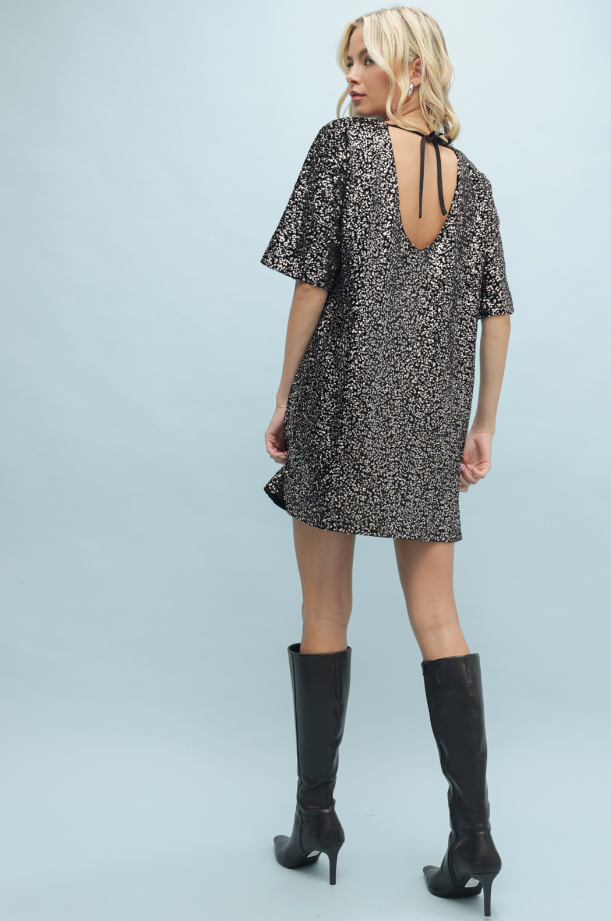Black Sequin Open Back Mini Dress