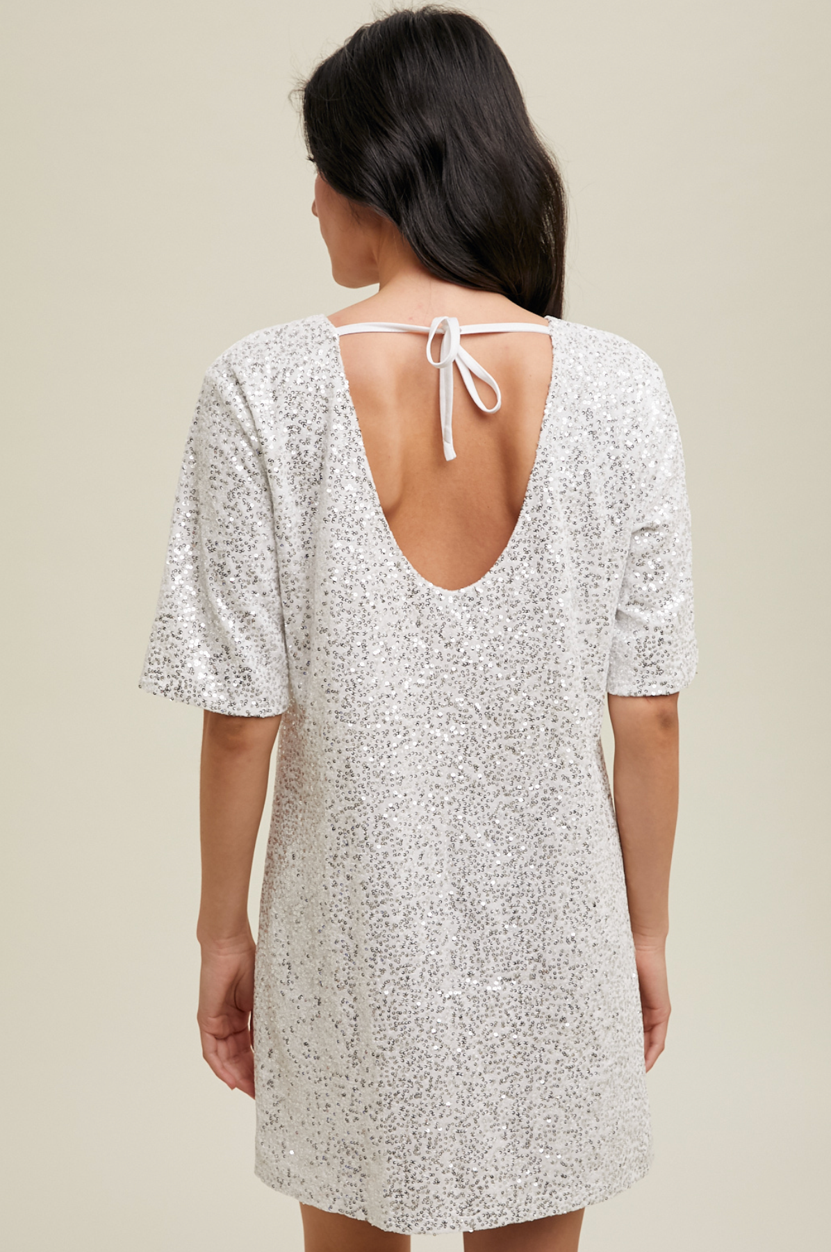 White Sequin Open Back Mini Dress