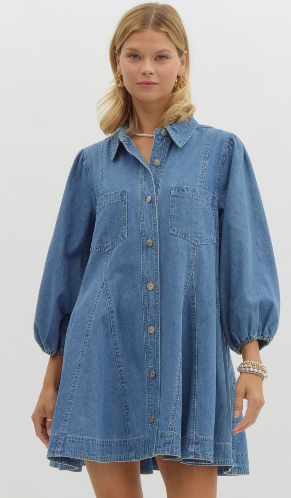 Denim Button Up Long Sleeve Mini Dress