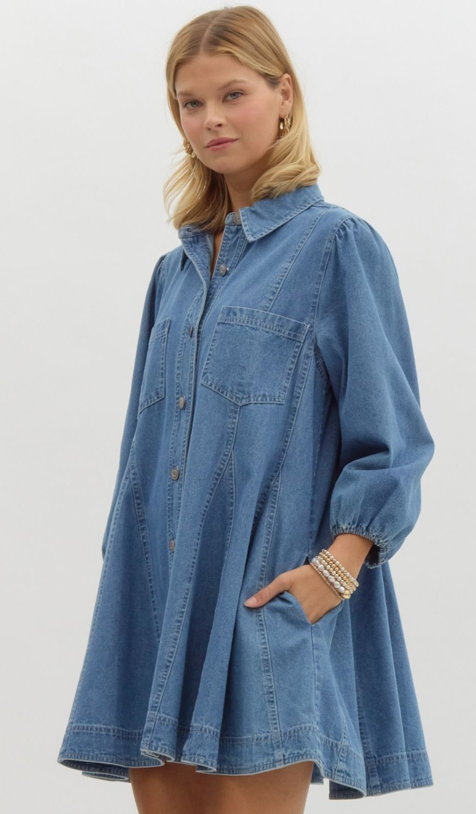 Denim Button Up Long Sleeve Mini Dress