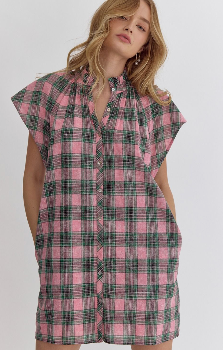Pink & Green Plaid Cotton Cap Sleeve Mini Dress