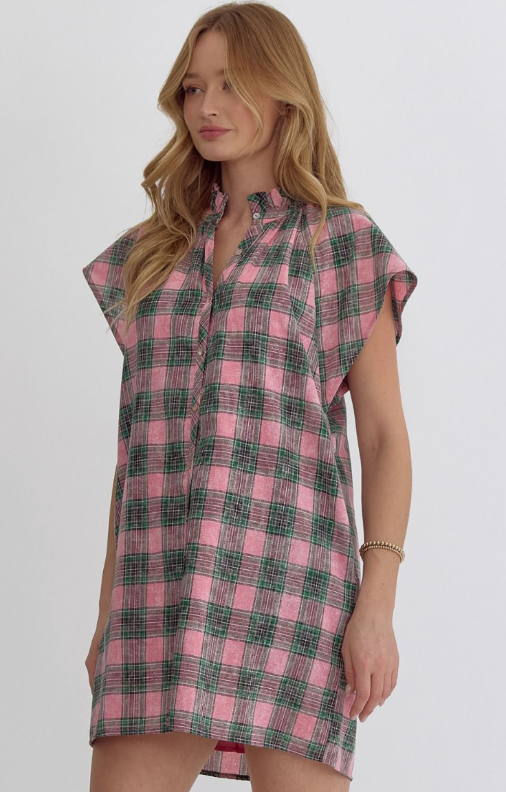Pink & Green Plaid Cotton Cap Sleeve Mini Dress