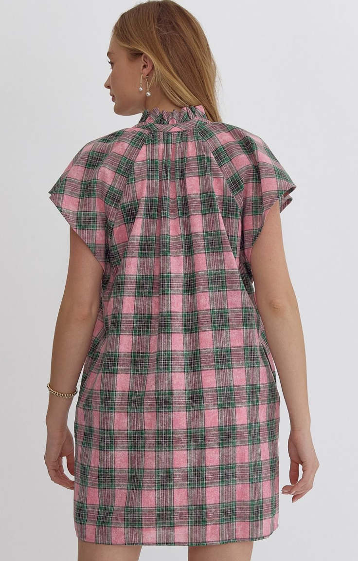 Pink & Green Plaid Cotton Cap Sleeve Mini Dress