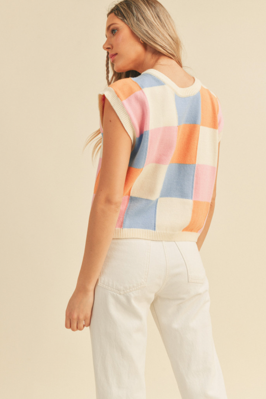Multi Checkered Cap Sleeve Sweater Top