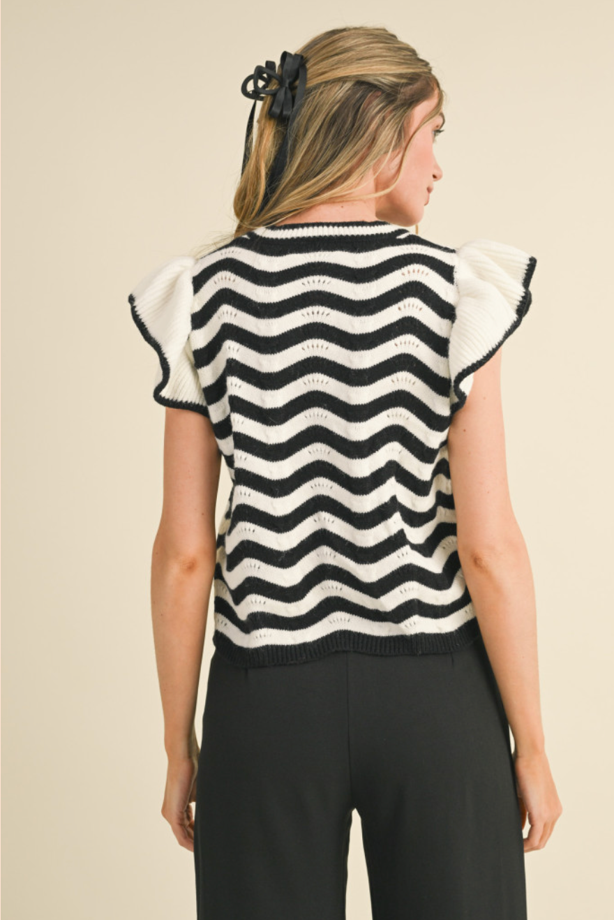 Ivory & Black Wavy Striped Ruffle Sleeve Top