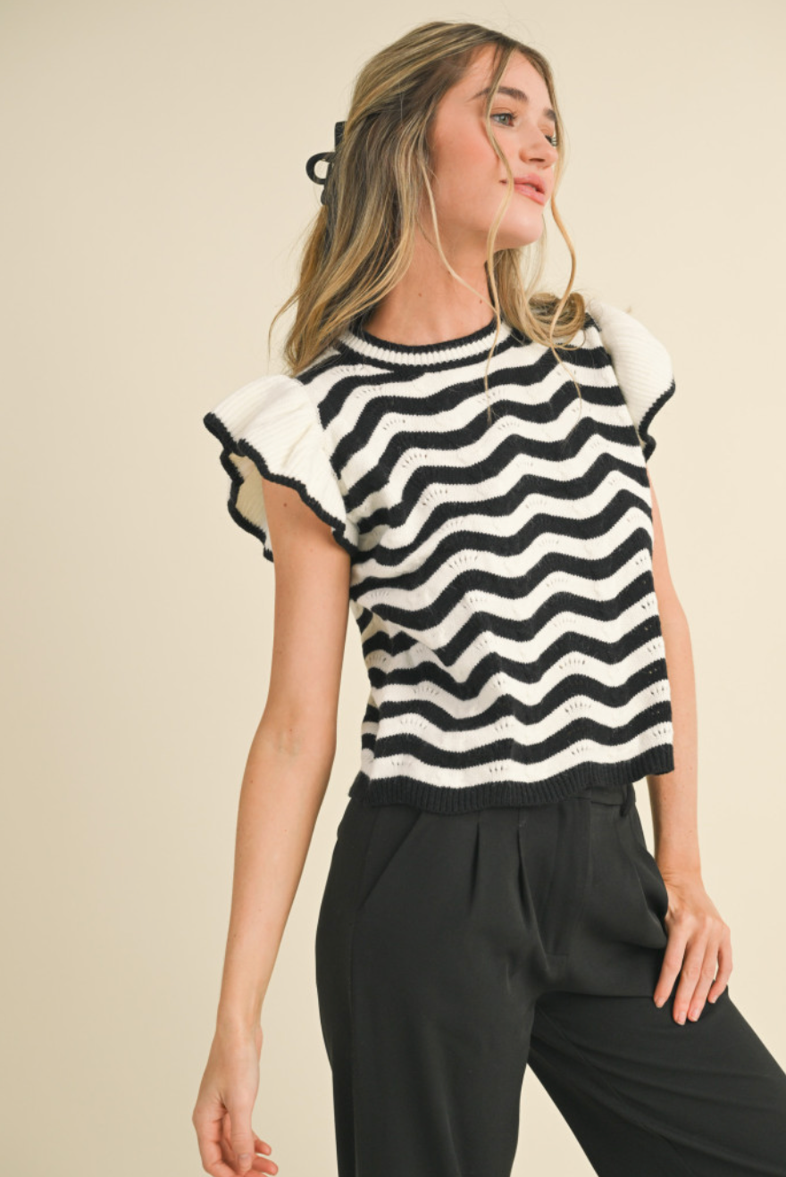 Ivory & Black Wavy Striped Ruffle Sleeve Top