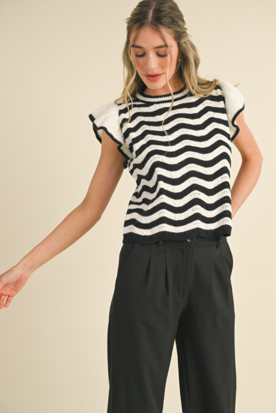 Ivory & Black Wavy Striped Ruffle Sleeve Top