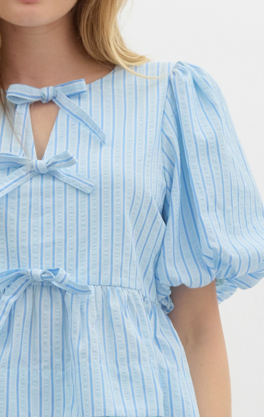 Blue Bow Puff Sleeve Top